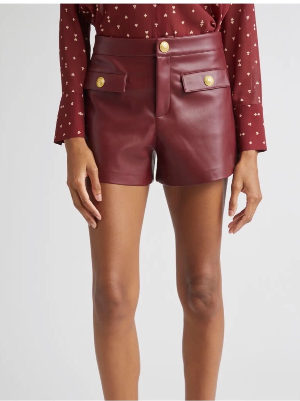 L'AGENCE Burgundy Faux Leather High-Waist Shorts with Gold Buttons
